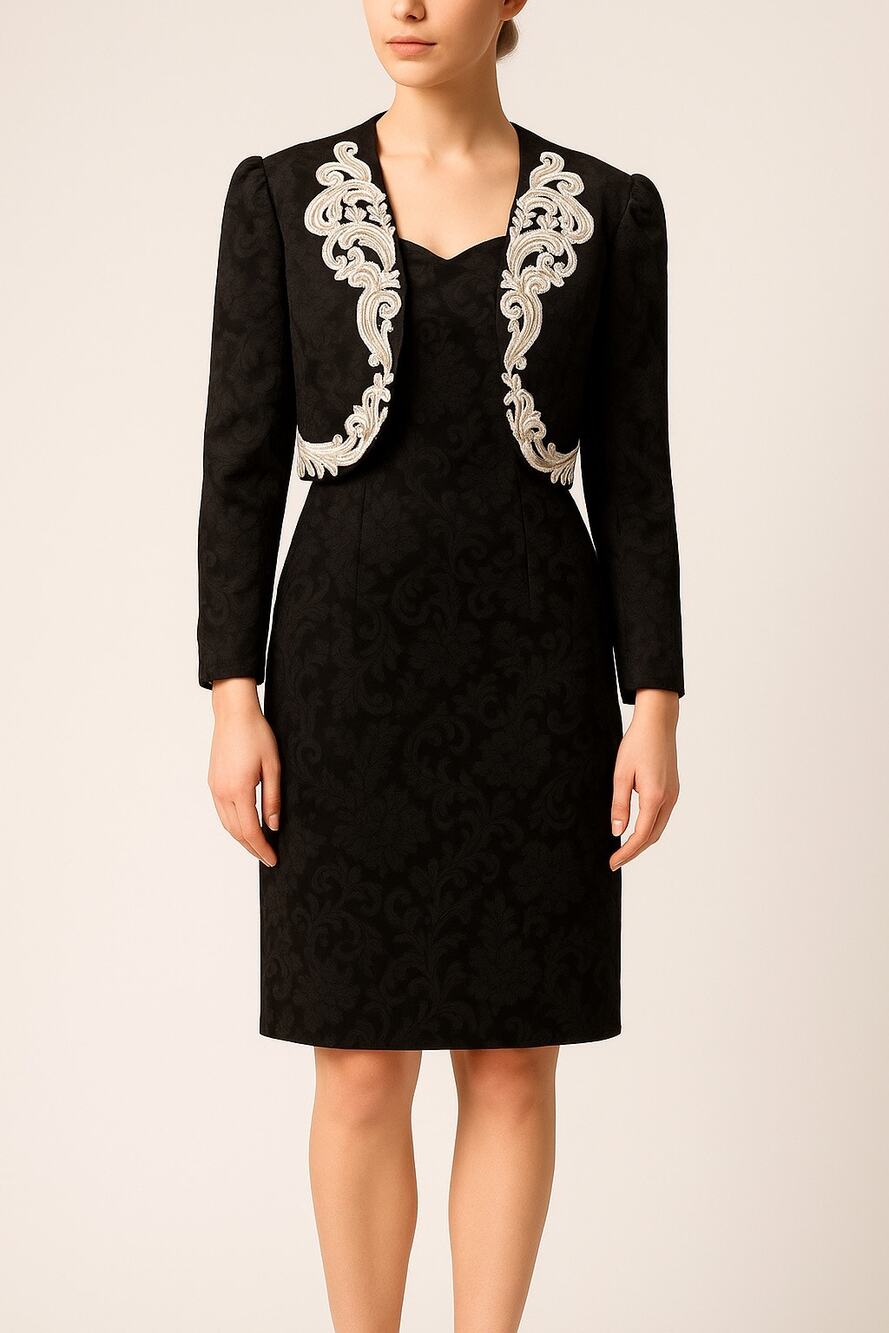 1990s Scott McClintock Black Jacquard Sheath Dress w/ Embroidered Bolero S- M